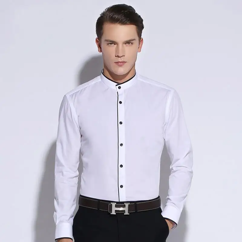 

Men's Banded Collar (Mandarin Collar) with Black Piping Shirts Pocket-less Design Casual Thin Long Sleeve Standard-fit Shirt