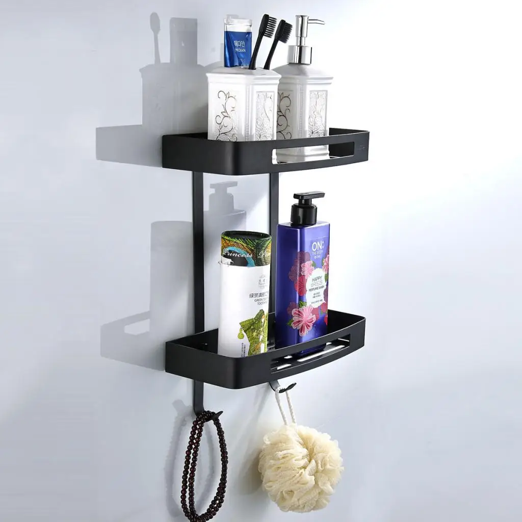 

Dual Tier Lavatory Shower Bath Room Corner Hanger Shelf Rectangle Storage