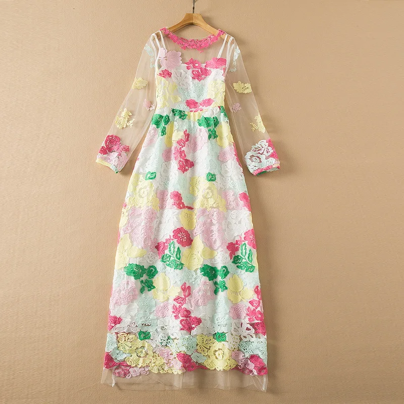 European and American women's wear spring 2022 new  Transparent long sleeve  Fashion floral embroidered gauze dress