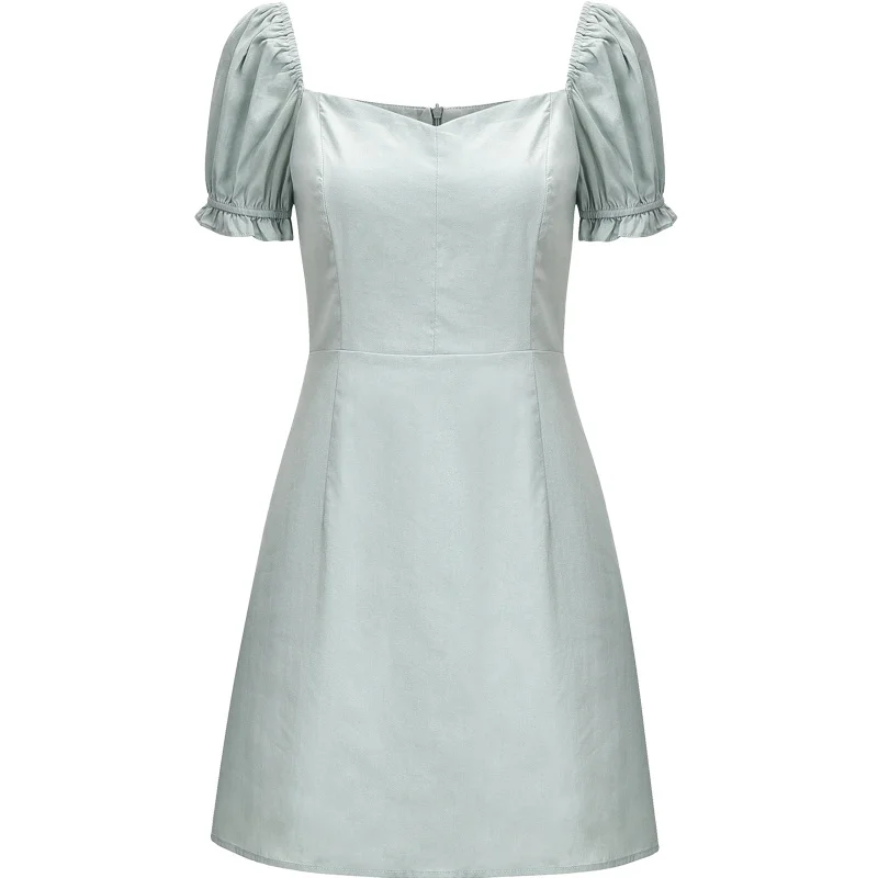 

Summer Blue green simple casual bodycon woman dress square collar high waist elegant puff sleeve A-line sexy mini dresses 2021