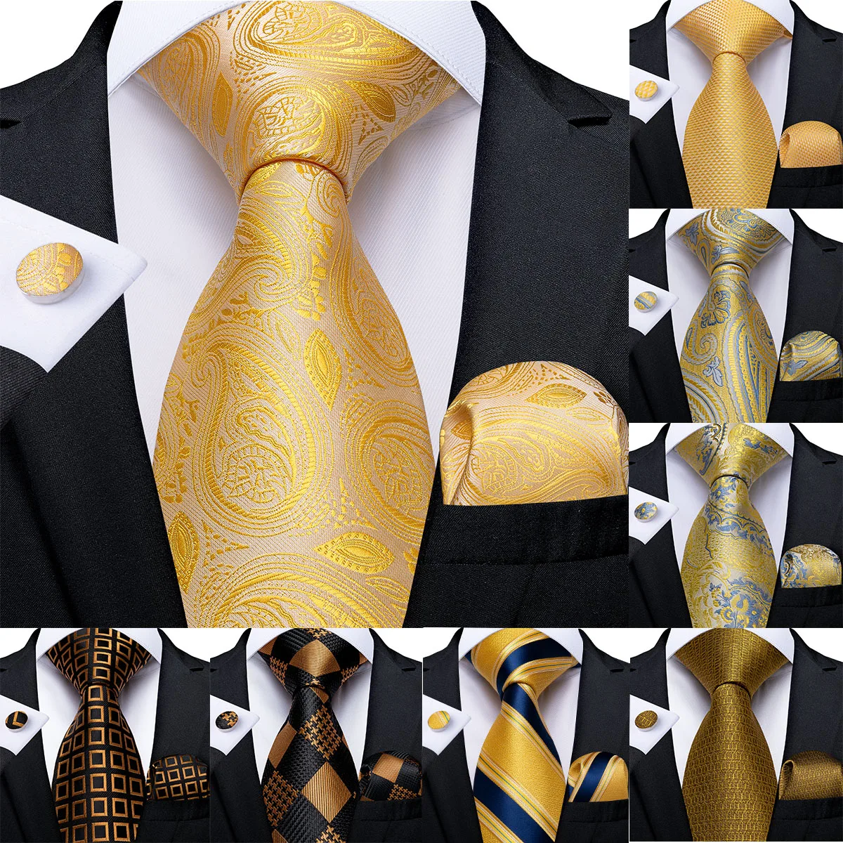 Фото Галстук мужской Шелковый в клетку с золотыми цветами | Аксессуары для одежды