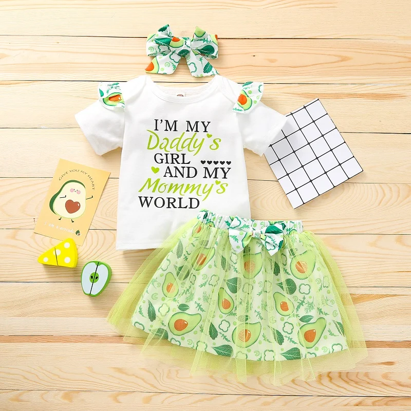 

Детская одежда, одежда для маленьких девочек, топы с коротким рукавом и буквенным принтом, тюлевые юбки с фруктовым принтом, повязка на голо...