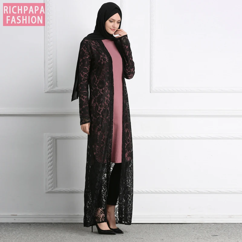 Абая Дубай Кафтан Турецкая мусульманская одежда длинное кружево кимоно кардиган