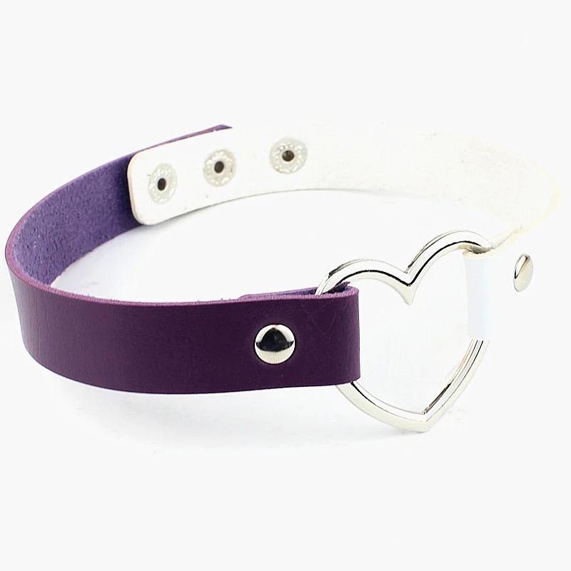 Purple.White Очаровательные женские чокеры, трендовые ожерелья-чокеры из нержавеющей стали в форме сердца, красочные кожаные пряжки, ювелирные изделия для женщин и мужчин, Макси ожерелье - Окраска металла: Purple.White