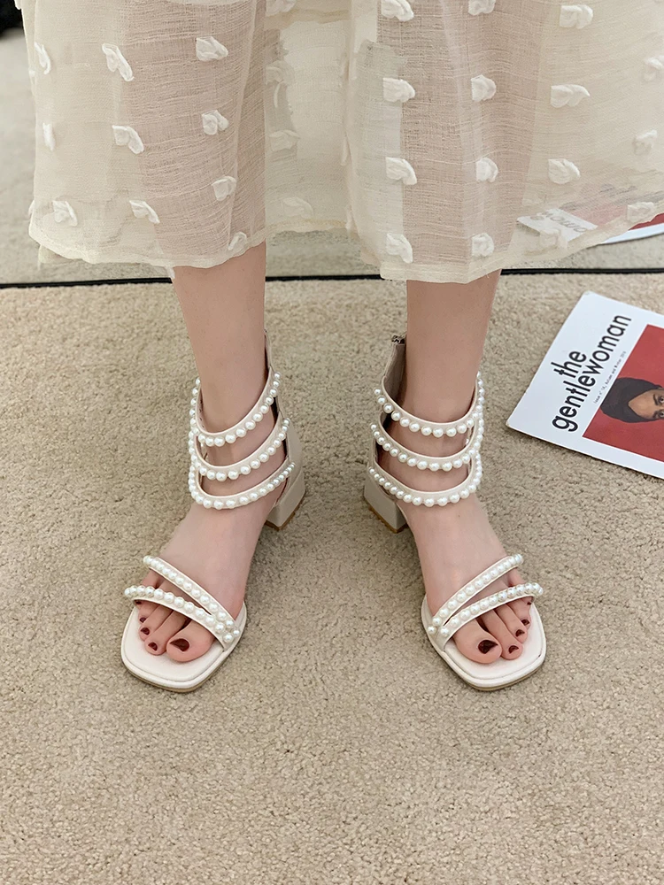 

Med Female Sandal 2021 Summer Black Shoes for Women All-Match Square Toe Clear Heels Medium Girls Beige Fashion Gladiator Comfor