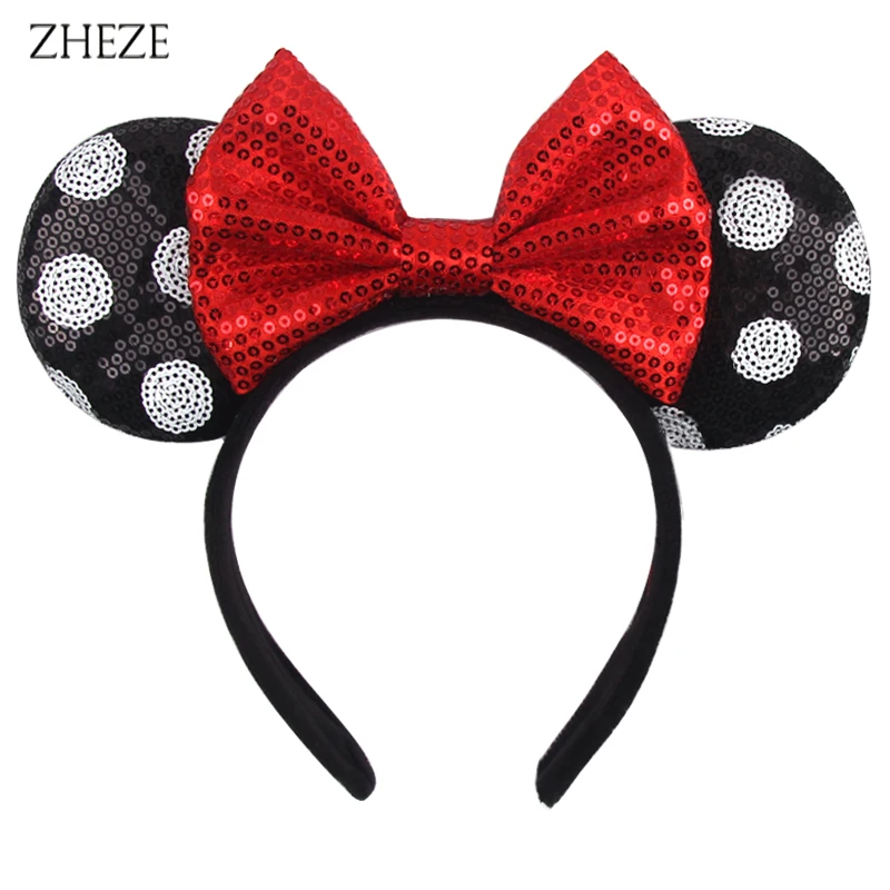 

2022 NEW Classic Embroidery Red Sequins Bow Hairband Dot 3.3'' Mouse Ears Headband Girls Children DIY Party Cosplay Accessories