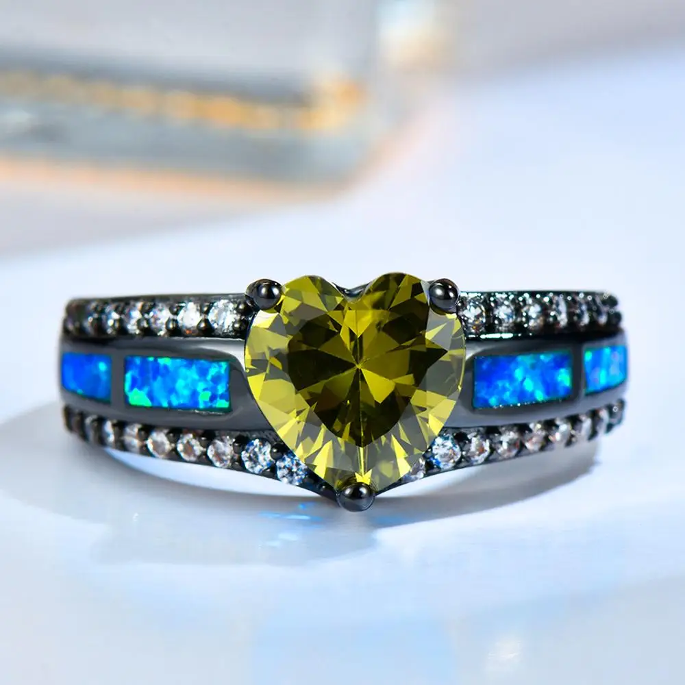 

Luxury Female Love Heart Zircon Ring Classic Opal Stone Wedding Rings For Women Vintage Punk Bride Black Gold Engagement Ring