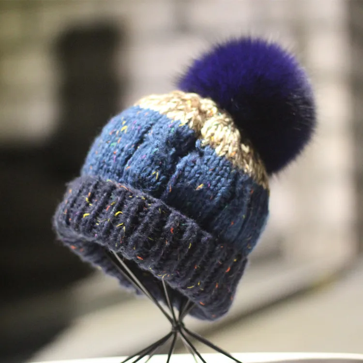 

Korean Version Of Wild Fox Fur Ball Handmade Crochet Hit Color Knitted Hat Female 2021 Autumn And Winter Warm Ladies Hat