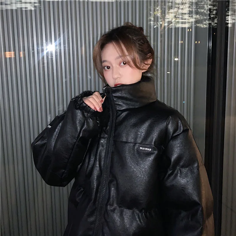 LDKVGSU Faux Leather Jacket Women Puffer Parka Black Bright Color Thick Korea Winter New Pu Oversized Coat Female Outerwear s971
