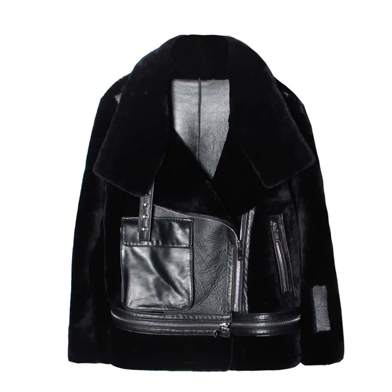 

BFFUR 2020 New Winter Real Fur Coat Women Fashion Locomotive Merino wool Slim Genuine Leather Jacket Female Luxury High Quality