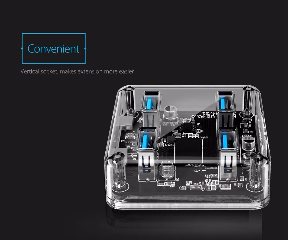 ORICO, 4 порта, USB 3,0, прозрачный Настольный концентратор, адаптер, высокоскоростной USB разветвитель, поддержка OTG с интерфейсом питания Micro USB