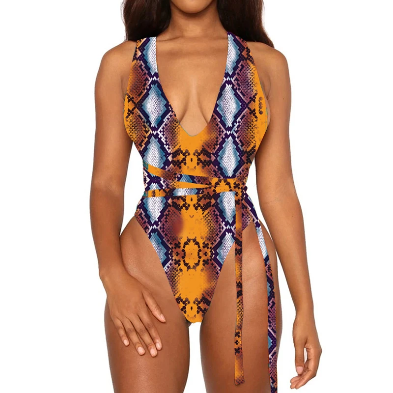 Цельный купальник со змеиным принтом женская одежда для плавания открытая спина