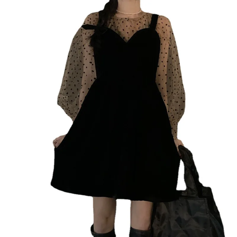 

New Women's Casual 2pcs Long Sleeve Dot Mesh Shirt + Sleeveless Black A Line Dress Fashion Party Clothes Outfits Sets Slim Fit