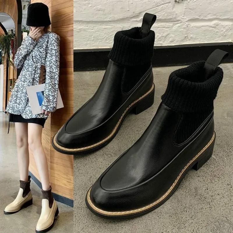 

Новинка Осень-зима 2020 модные ботинки мартинсы без шнуровки с острым носком средней высоты (3-5 см) на квадратном каблуке однотонные шерстяные...