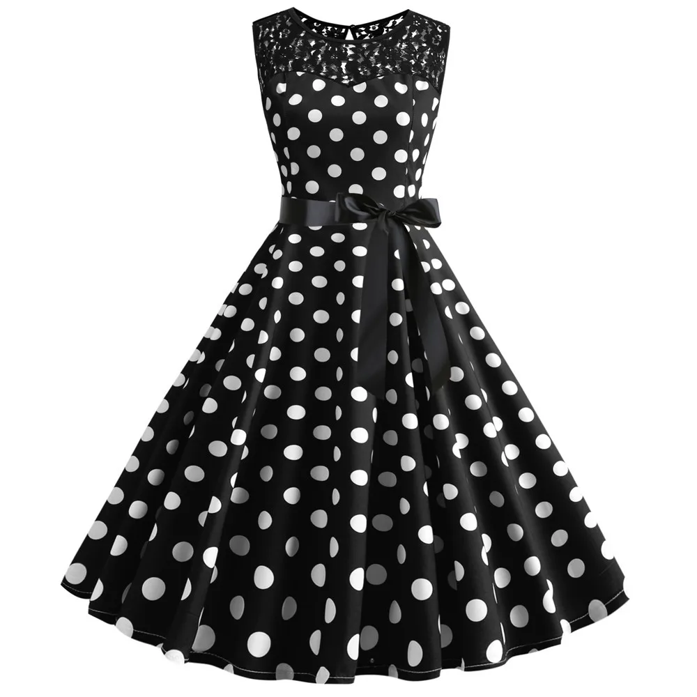 

Women White Red Black 1950s 60s Eveing Party Dress Lady Black Lace Polka Dot Belt A-line Swing Dresses