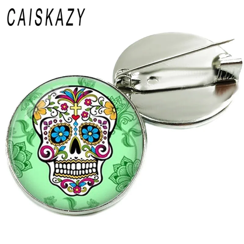 Модный булавка с изображением мексиканского сахарного черепа в стеклянном куполе, винтажные украшения и цветочные булавки на сумку и шляпу с позолоченным воротником для женщин.