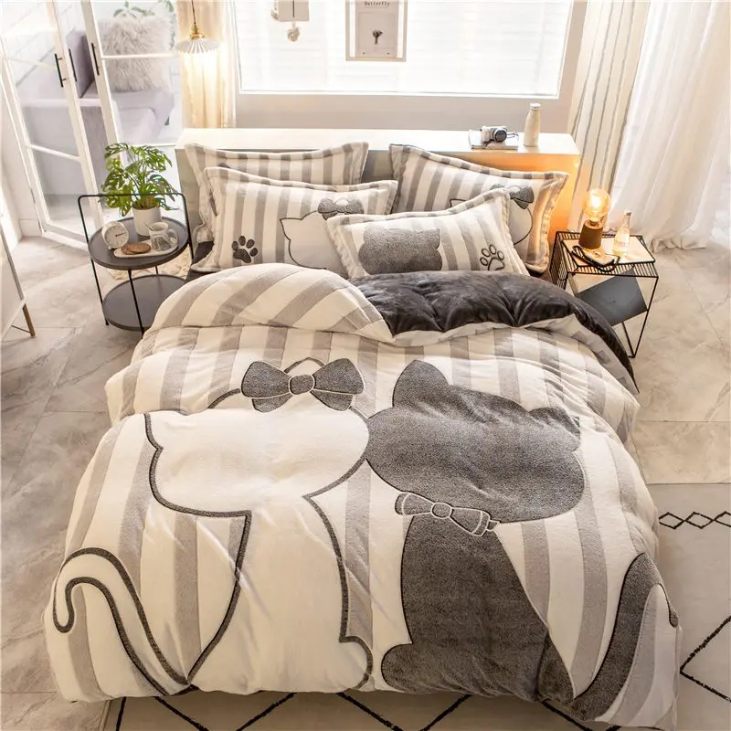 

Fashion Snowflake Cashmere Bedding Set 4pcs Fitted Sheet Duvet Cover Set Flannel Fleece 3D Embossed Winter AB Side Bed Linen Set