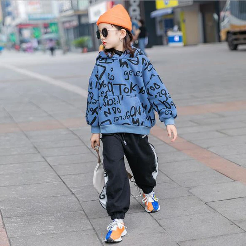 

Cultiseed Big Children Girls Letter Print Hooded Hoodies Coat Kids Autumn Winter Warm Long Sleeve Loose Casual Sweatshirts Tops