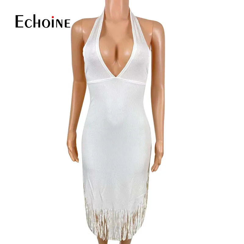 

Echoine Solid Woman Sexy Deep V-Neck Halter Neck Backless Pleated Fringed Dress Nightclub Mid-length Skirt Outfits Summer 2021