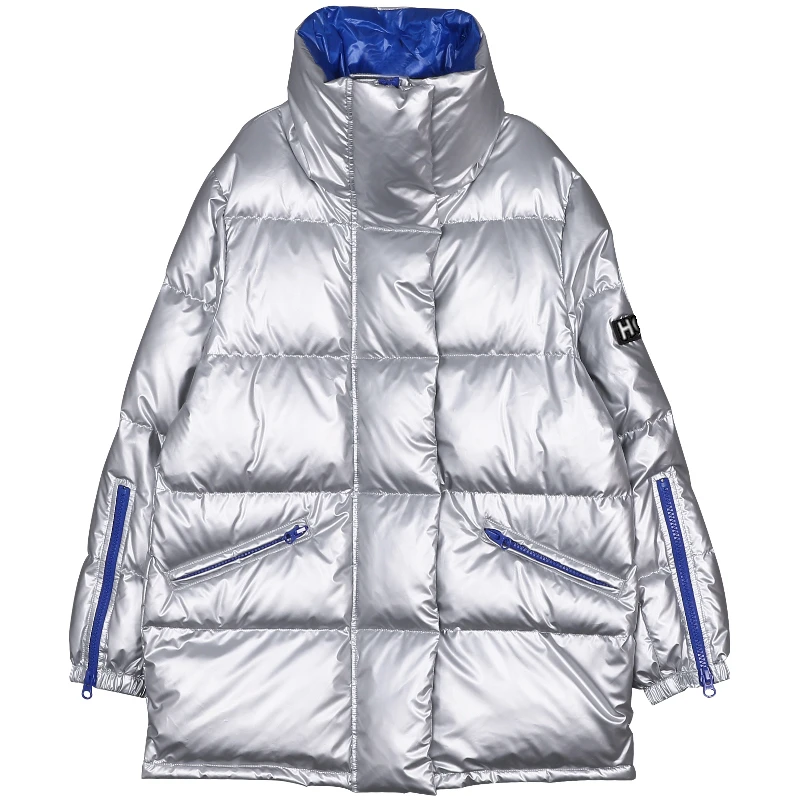 Женская куртка пуховик ZURICHOUSE блестящее серебряное пальто с высоким воротником