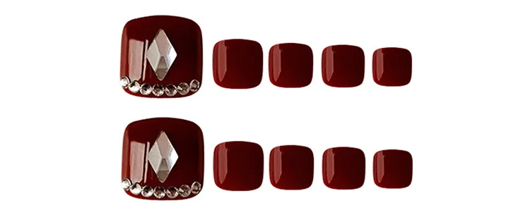 

24pcs Rhinestones Inlaid Toenail Patch Red Wine Glue Type Removable Short Paragraph Manicure False Toenail Patch SOYW889