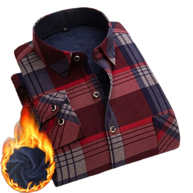 2021 Winter High Quality Plaid Shirt Men Warm Shirt Plus Velvet Thickening Cotton Male Long Sleeve Shirt Man Clothes M-4XL