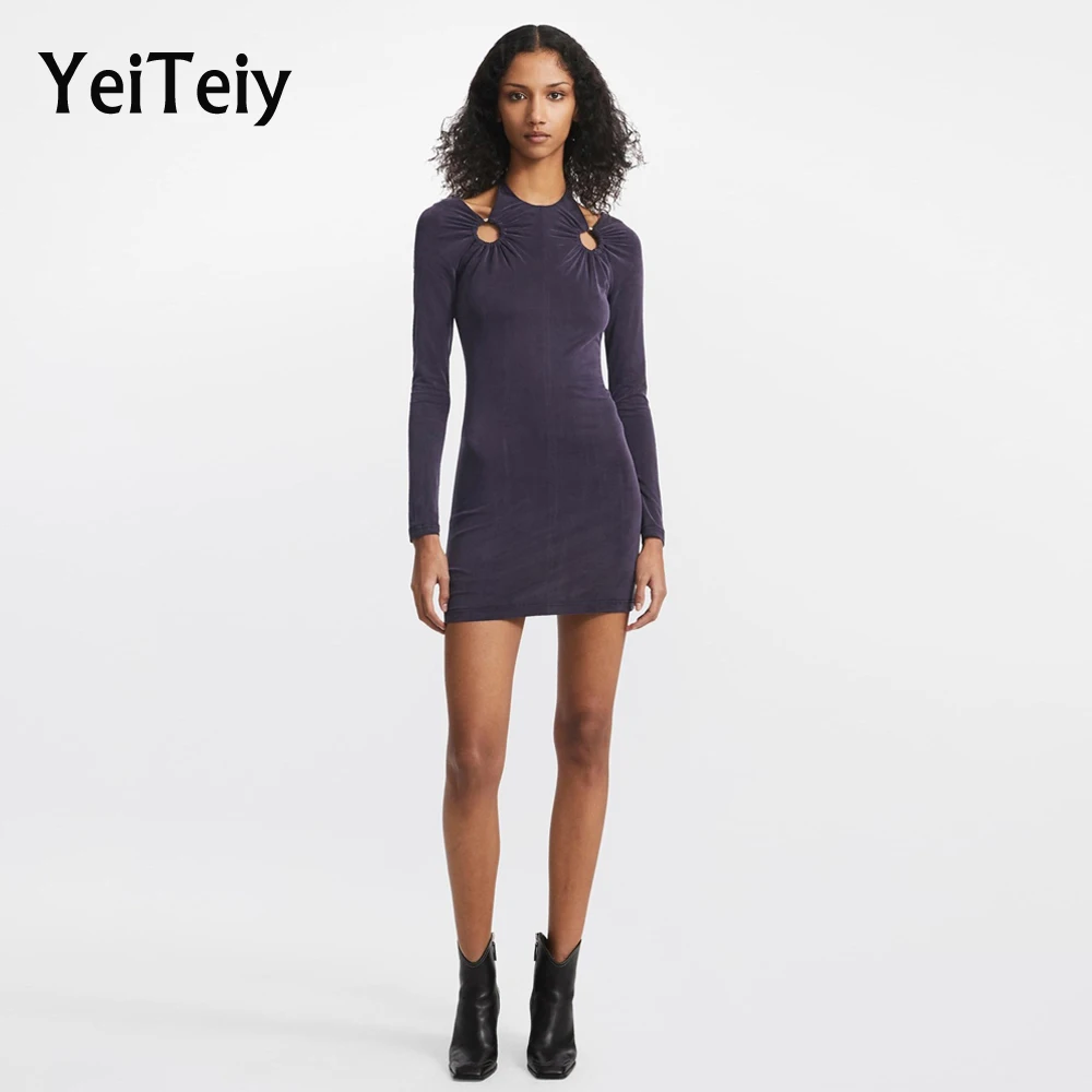 

Осеннее женское платье Yeiteiy с длинным рукавом и лямкой на шее, бархатная юбка с вырезами, обтягивающие повседневные однотонные платья мини д...