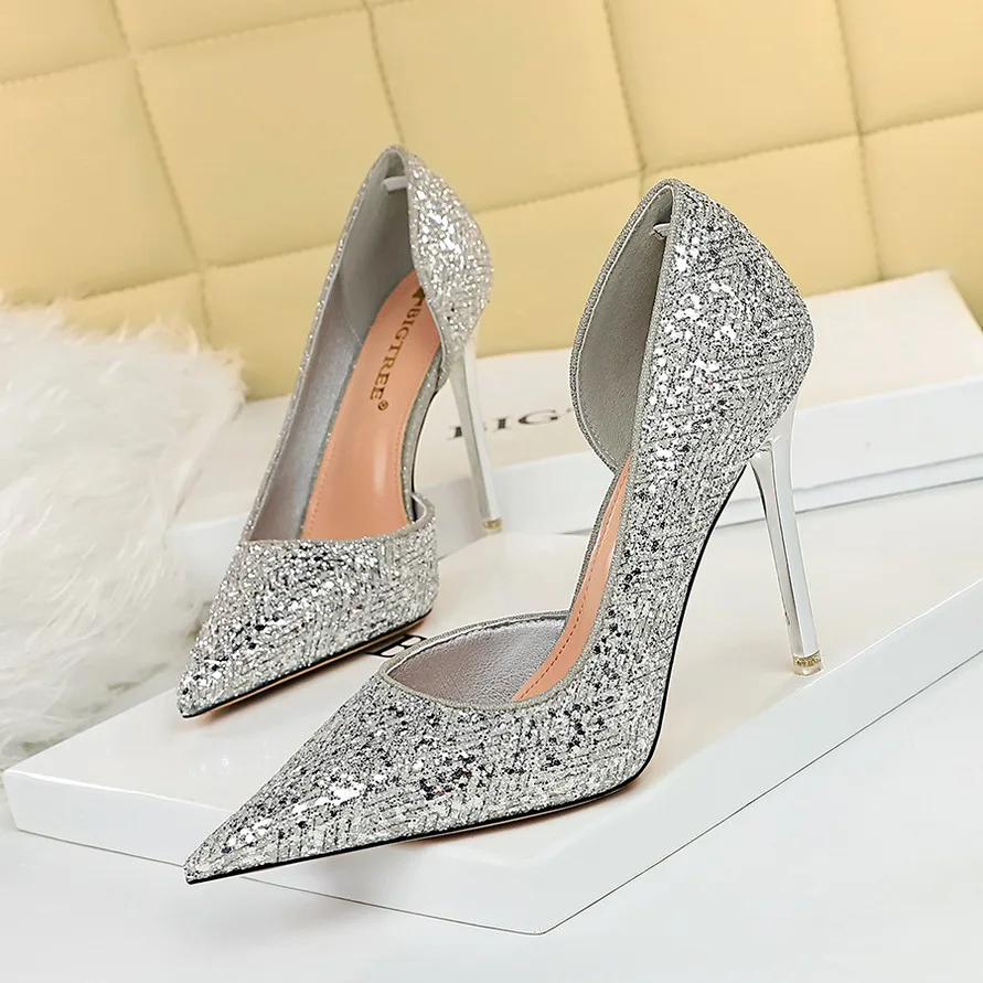 

BIGTREE Shoes Sequins Women Pumps 2022 Spring Stiletto High Heels Sliver Champagne Wedding Shoes Metal Heel Party Shoes Size 43