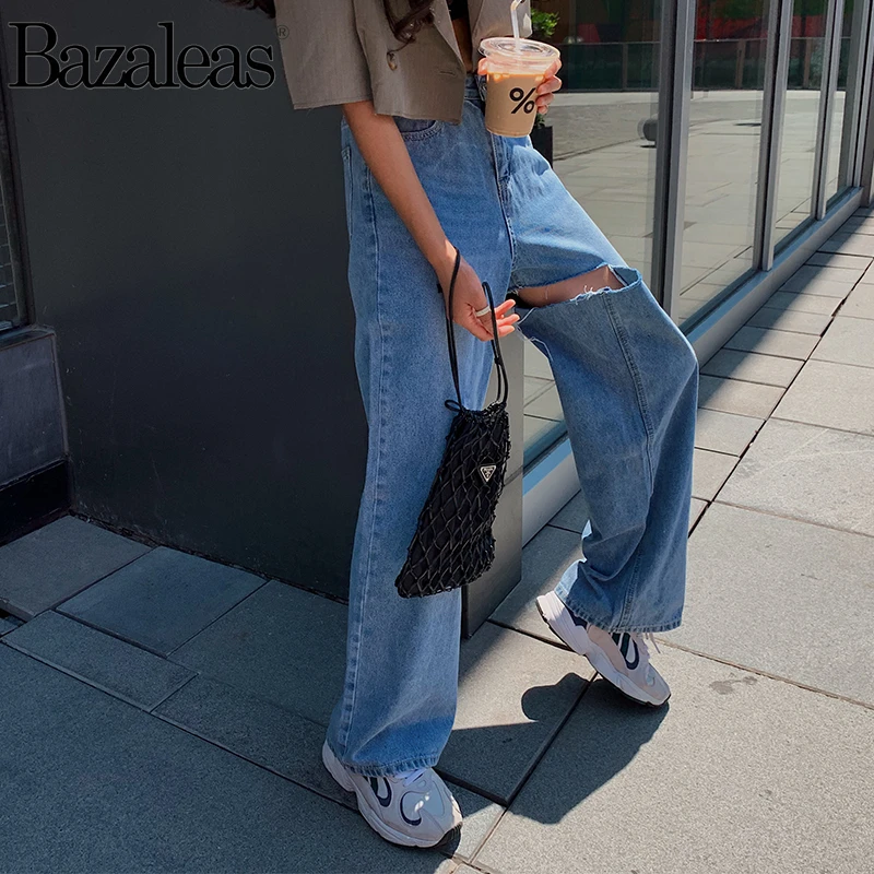 Bazaleas harajuku винтажные прямые брюки Дырчатые Джинсы женские хлопковые свободные