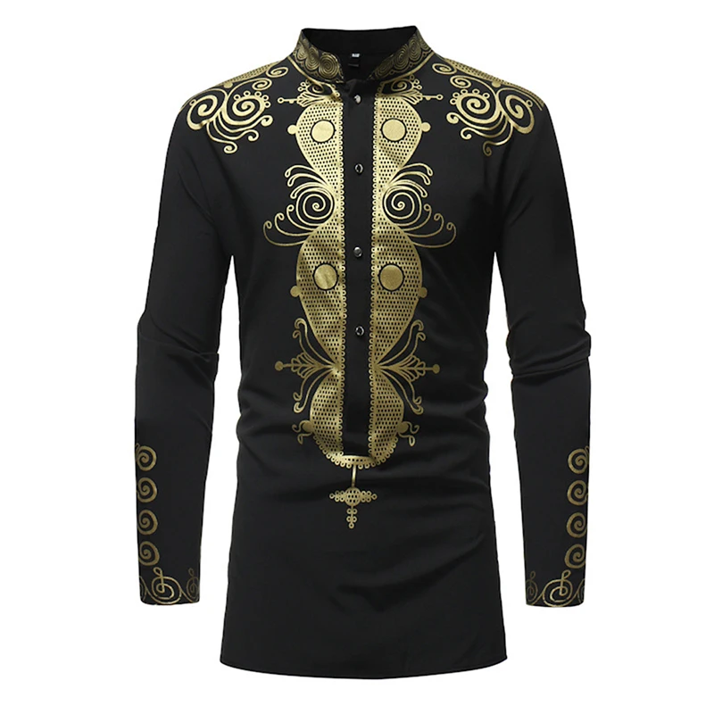 

New 2021 Autumn Casual Male Shirts Vintage African Ethnic Print Long Sleeve Stand Collar Shirts Tops For Men