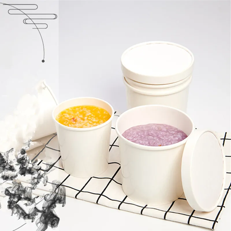 50pcs High quality white kraft paper disposable takeaway packaging cups 8oz 12oz 16oz ice cream dessert soup round cup with lid