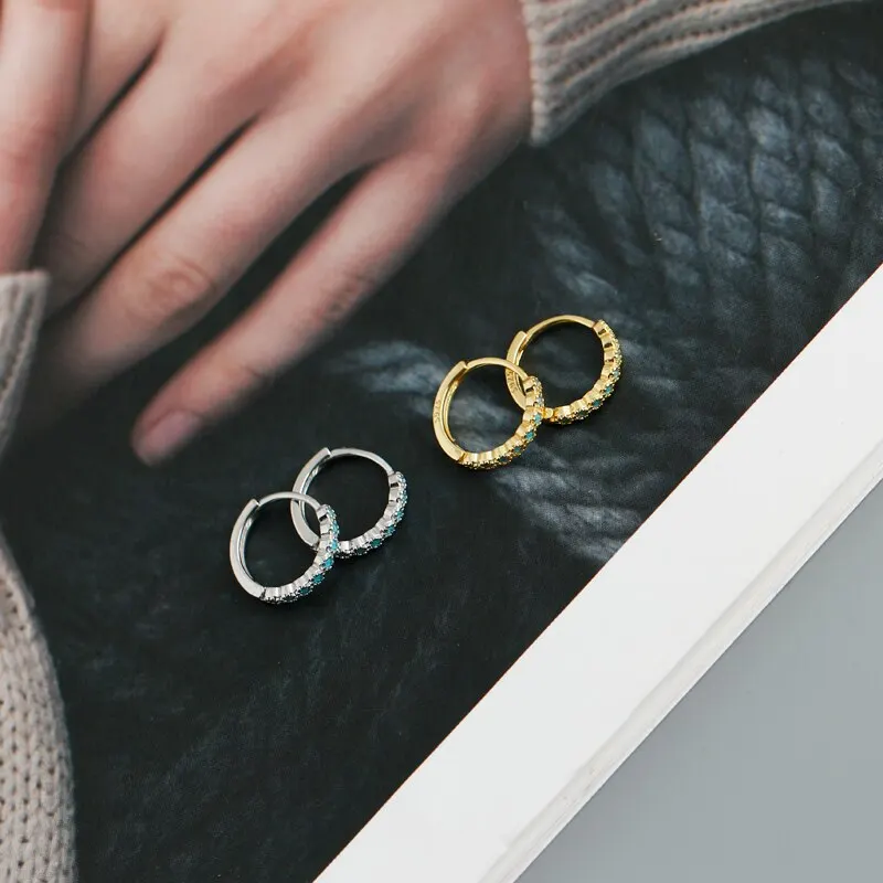 

A00461 Korean Lace Blue Zircon Round Stud Earrings for Women Real 925 Sterling Silver Teen Office Jewelry Accessories