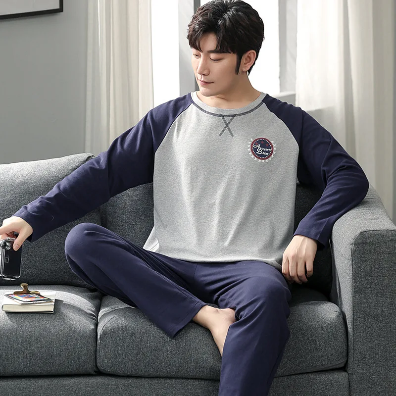 

Boys Plus Size Pajama Set Solid Round Neck Knitted Cotton Pijamas Sets for Men 4XL Pijama Autumn Winter Casual Men's Sleepwear