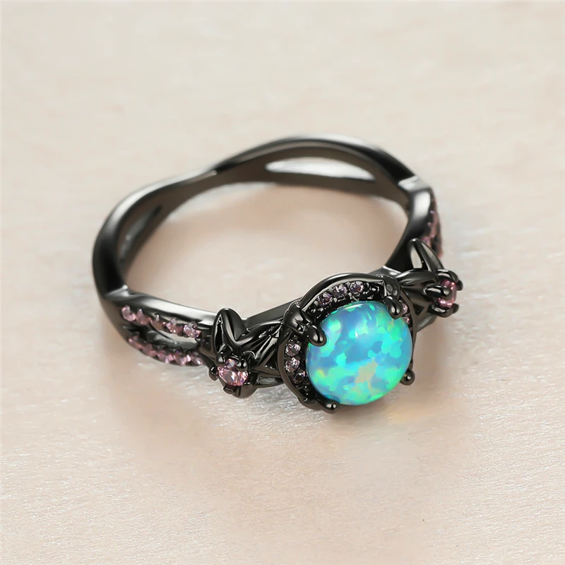 

Charm Female Blue Round Opal Ring Cute 14KT Black Gold Flower Wedding Rings For Women Vintage Bride Pink Crystal Engagement Ring