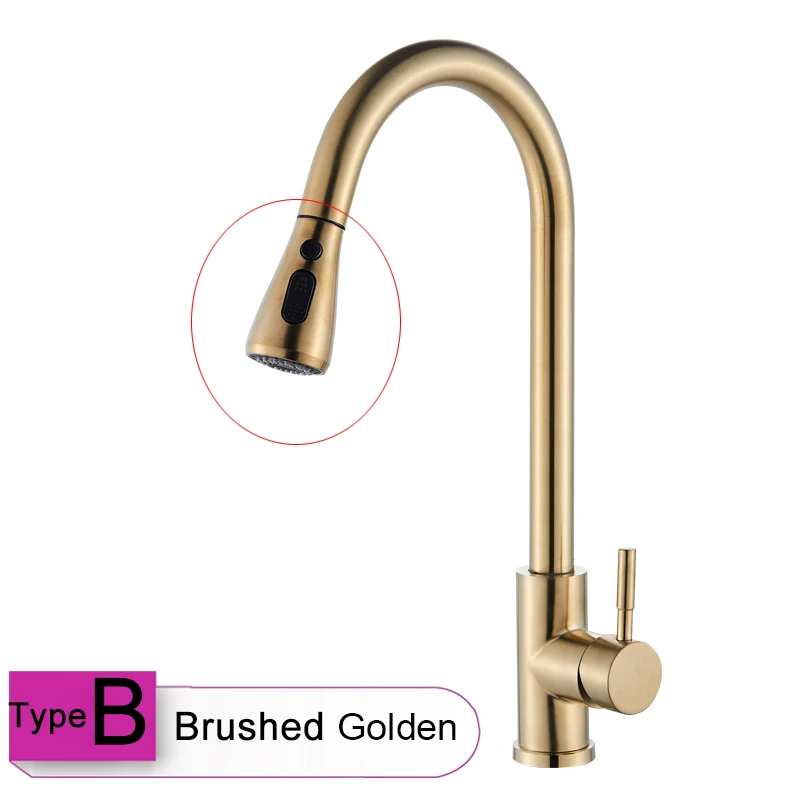 Brushed Golden Матовый никелевый выдвижной кухонный кран с двойной функцией распылителя, краны для воды с одним отверстием, кран для горячей и холодной кухни - Цвет: Brushed Golden