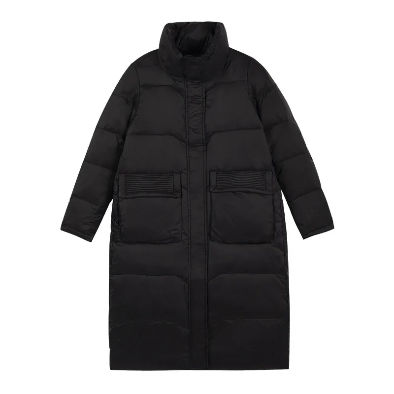 

Down jacket women long 2021 new style over-the-knee stand-up collar big pocket winter white duck down jacket