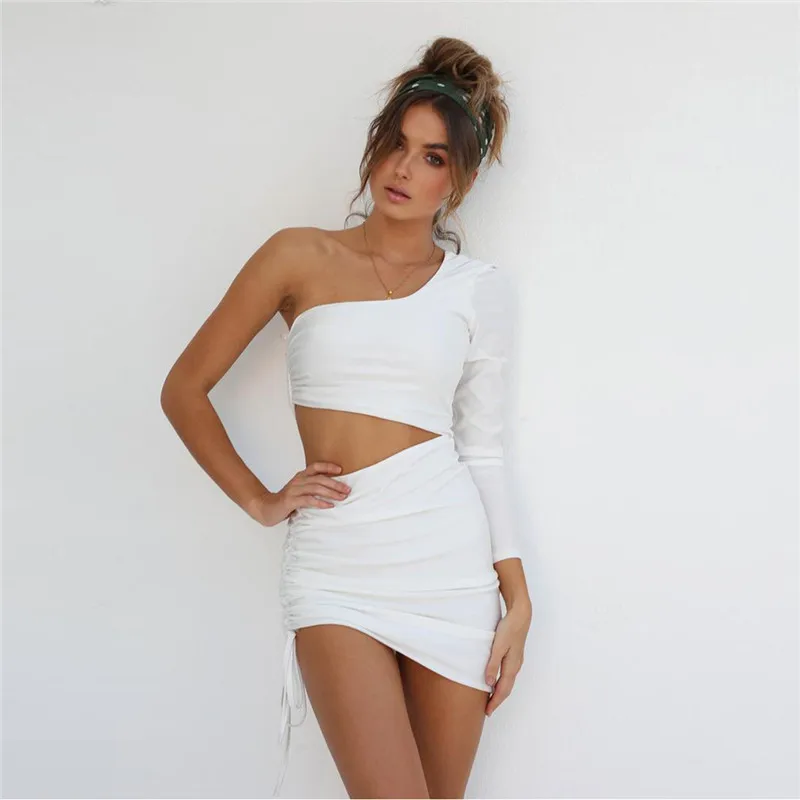 

Sexy Fashion Women Sundress Bandage One-shoulder Party Club Solid Bodycon mini dress Long sleeve Summer Hollow Stretchy vestidos