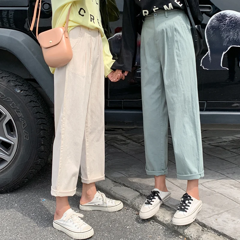 

2020 Summer Autumn Cotton Harem Pants Women Casual Elastic High-Waisted Loose Chic Korean Slacks Women