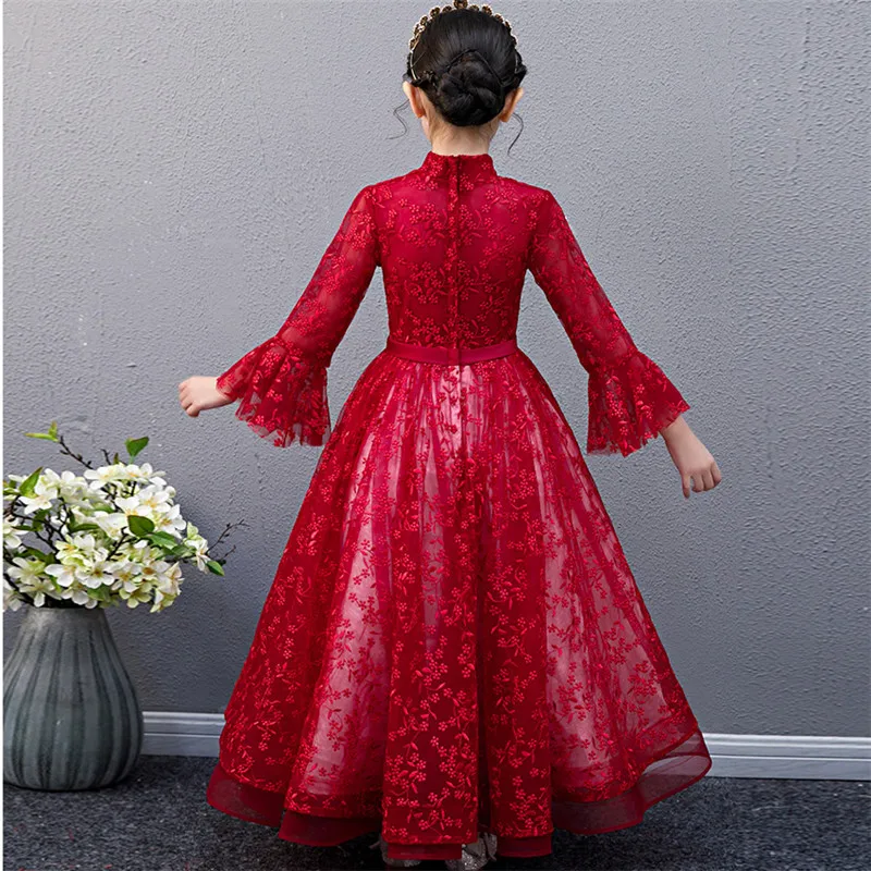 

Children Luxury Wine-red Color Birthday Wedding Party Princess Dress Clothes Kids Girls Exquisite Christmas New Year Prom Dress