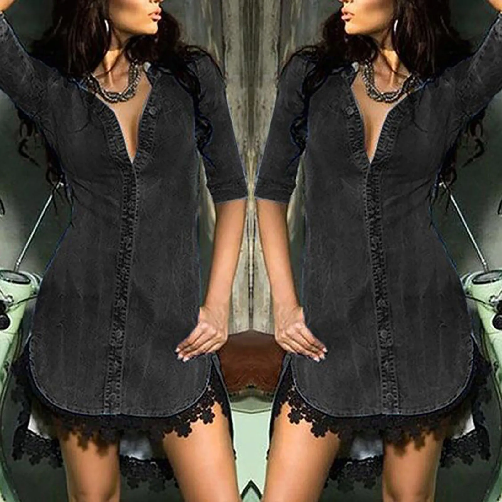 

40# Elegant Denim Dress Woman Lace Patchwork Dresses For Women 2021 V-neck Bottom Sexy Summer Dress Vintage Casual Vestidos