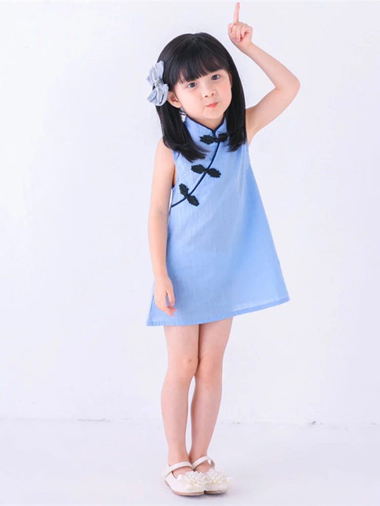 ТРАПЕЦИЕВИДНОЕ ПЛАТЬЕ в стиле Ципао для девочек Летнее Детское платье без