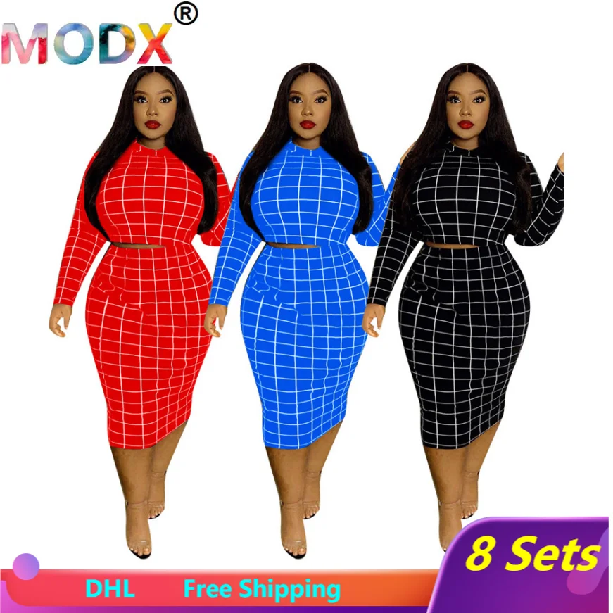 

Plus Size 5XL Women Sexy Skirt Sets Plaid Print Two Piece Dress Long Sleeve Crop Top+midi Skirts Fashion Bodycon Dress Set 6232