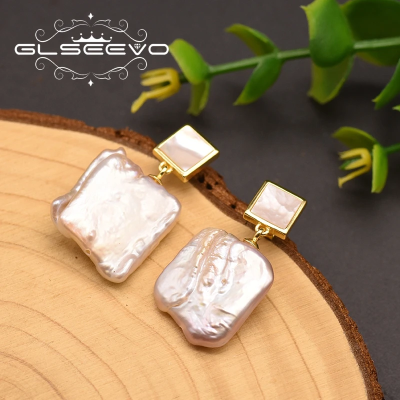 

GLSEEVO Handmade Natural Freshwater Baroque Pearl Geometric Drop Earrings For Women Wedding Girls Party Fashion Jewelry GE0862