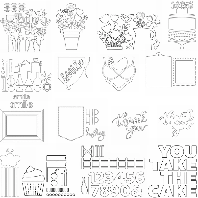 Mixed Element Metal Cutting Dies Flower Vase Birthday Cake Smile Square Flags Fence DIY Scrapbooking Album Making Dies 2020 07