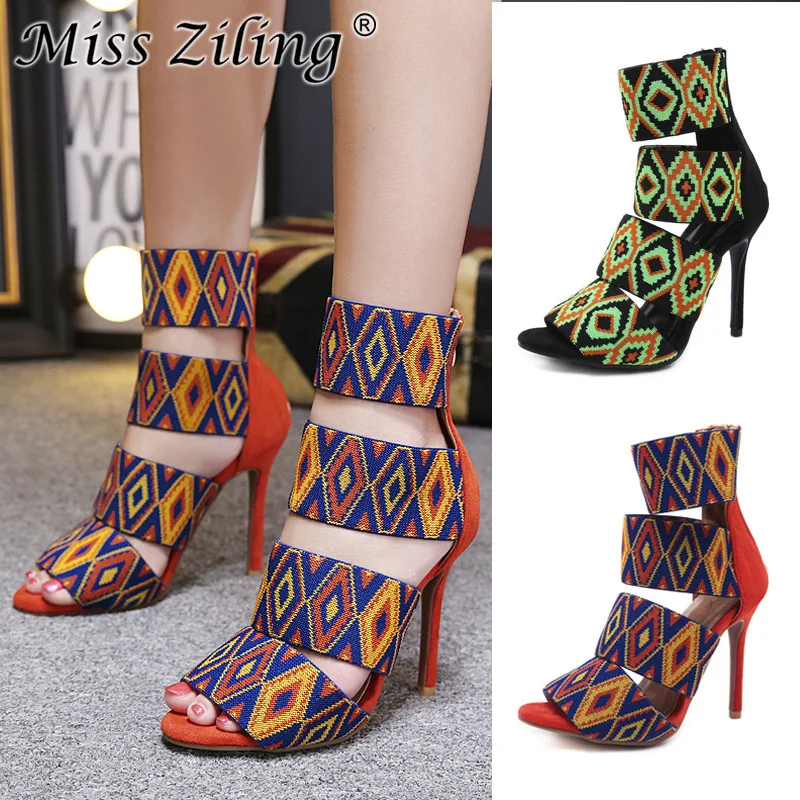 

Сандалии женские из эластичной ткани, простые босоножки с круглым носком, на тонком высоком каблуке 11 см, без застежки, обувь на молнии, лето