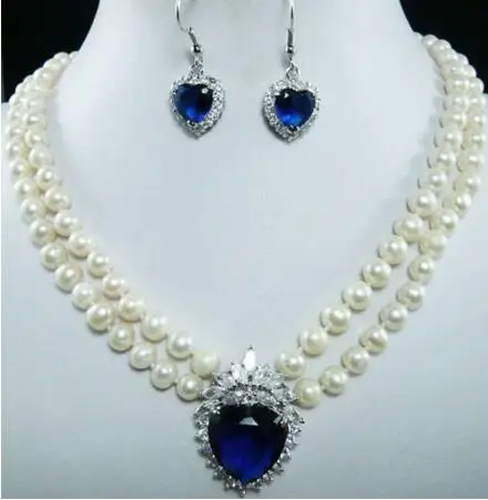 

Fashion 7-8mm Natural Freshwater White Pearl Blue Crystal Pendant Necklace + Earrings