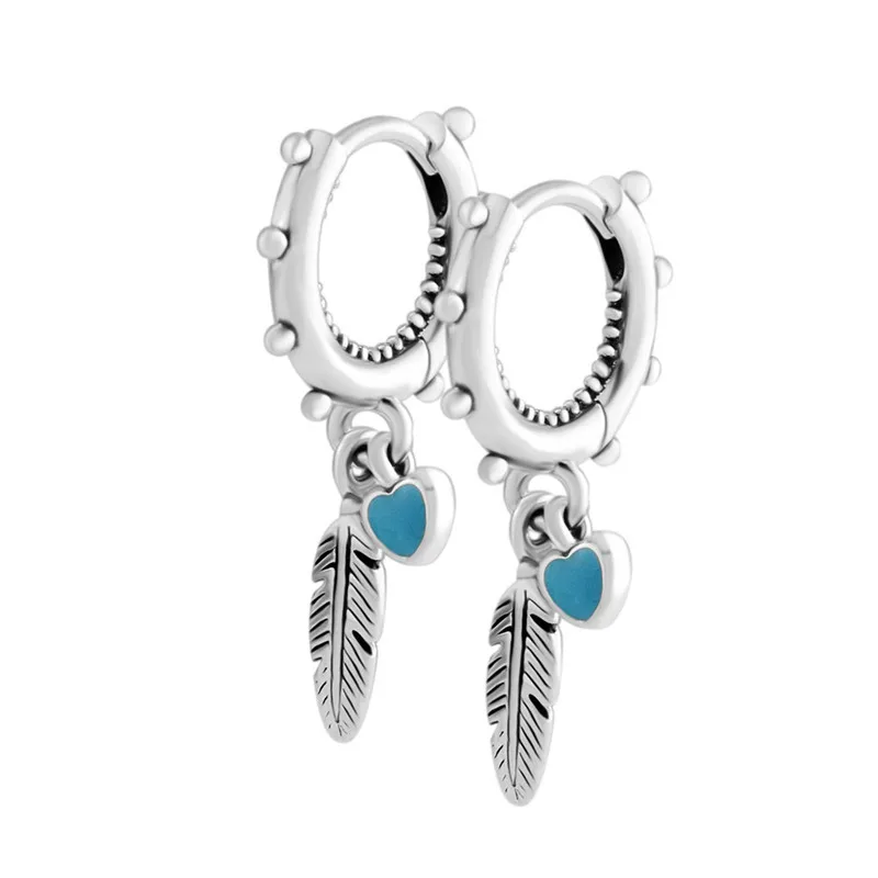 

Spiritual Feathers Hoop Earrings for Women Light Blue Enamel Dangle Heart Earrings 925 Sterling Silver Jewelry Earrings Female