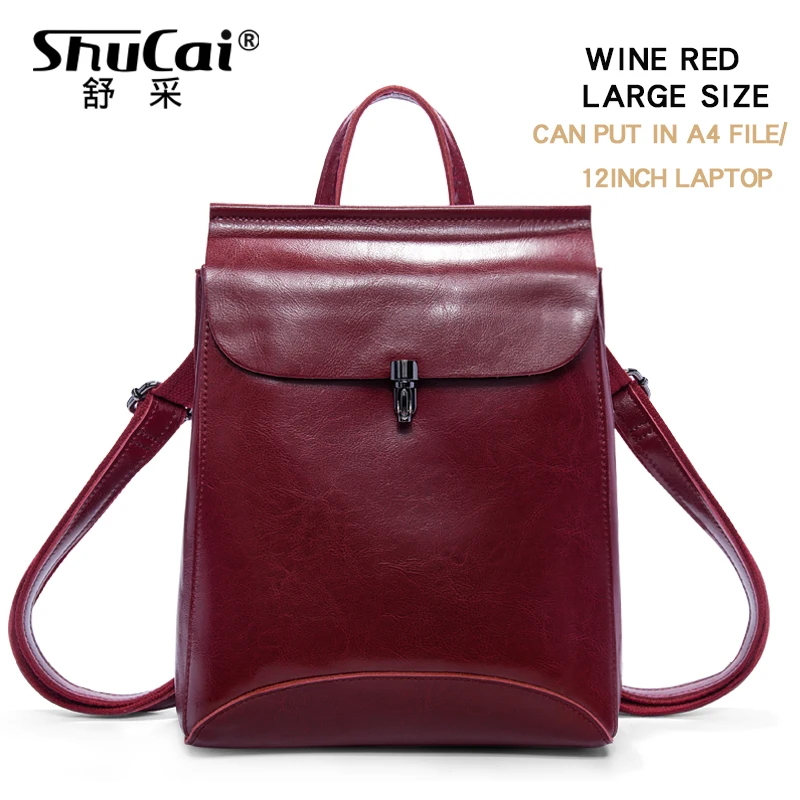 WINE RED LARGE Женский кожаный рюкзак с защитой от кражи, женский рюкзак для путешествий, винтажный рюкзак, школьная сумка для девочек-подростков - Цвет: WINE RED LARGE