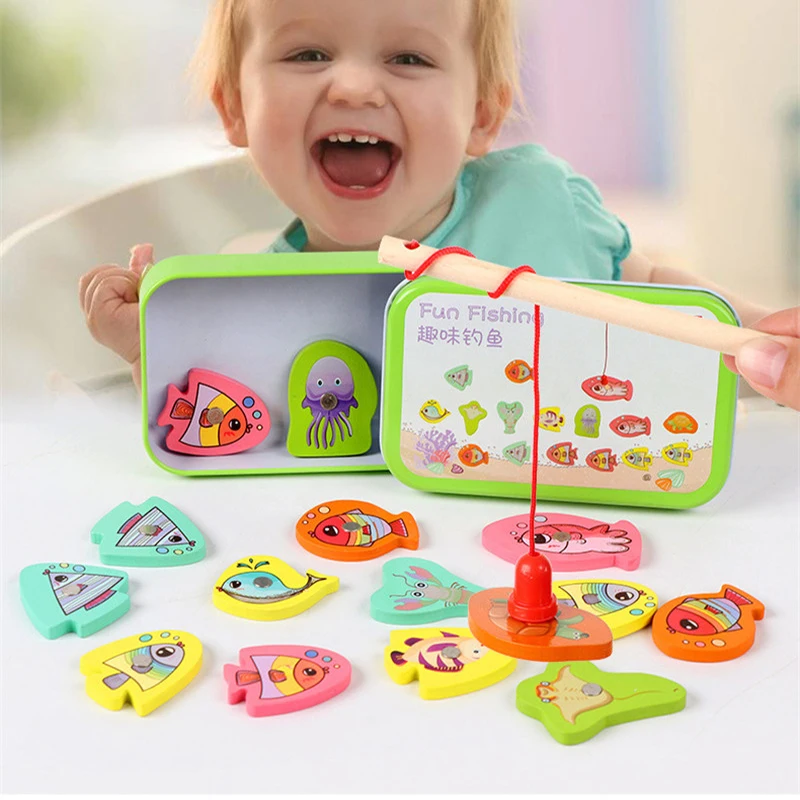 

Деревянная Магнитная рыболовная игра, новые игрушки, мультяшная подводная рыба, познание цвета, Детская развивающая игрушка с железной кор...