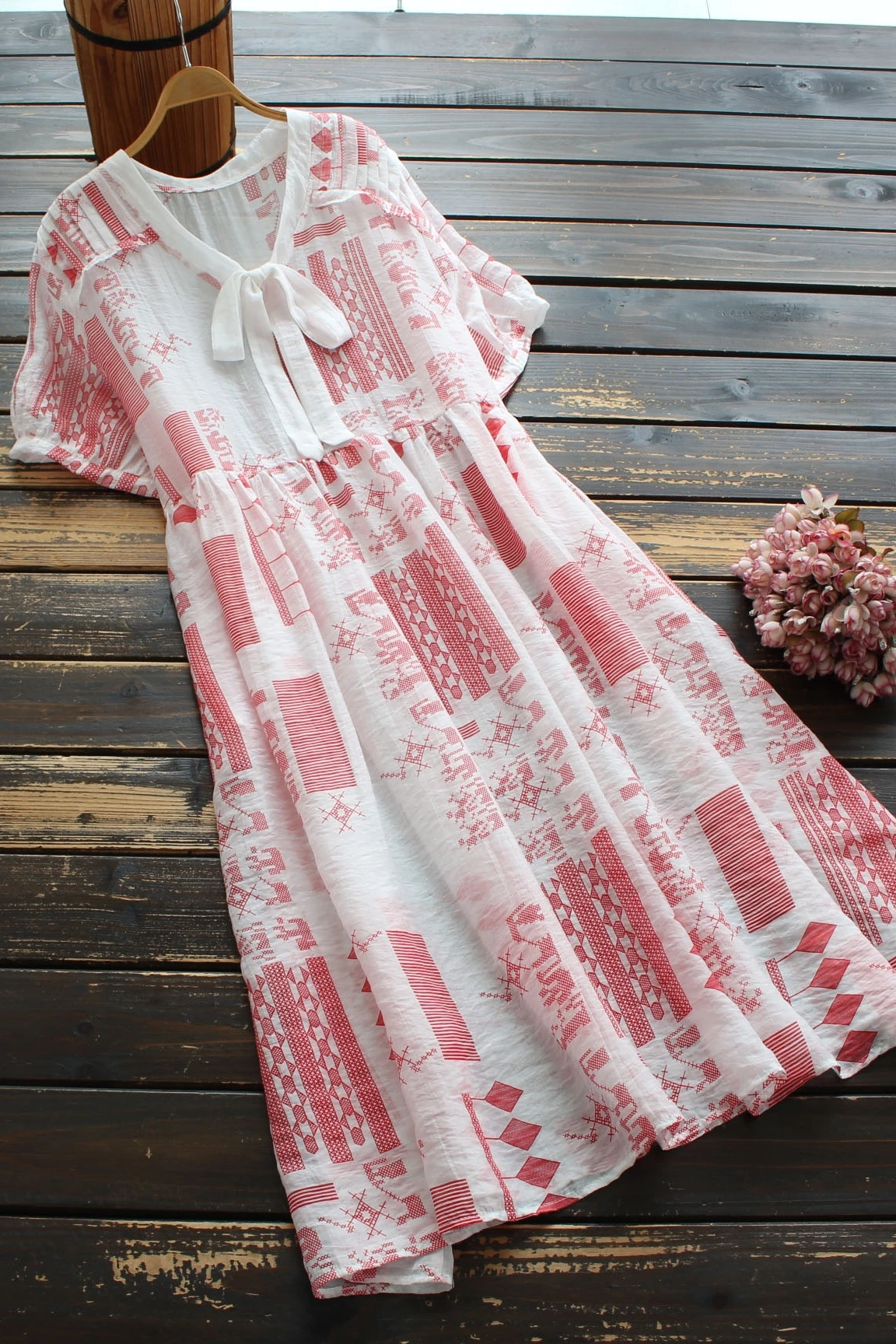 

New Summer print Dress short sleeve loose waist midi dress casual wear